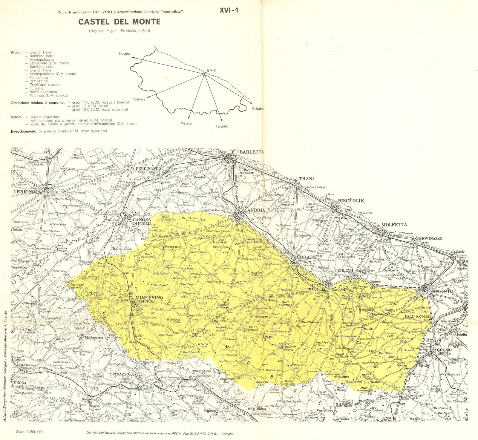 Italy wine. Castel del Monte DOC. Puglia. Bari 1976 old vintage map plan chart